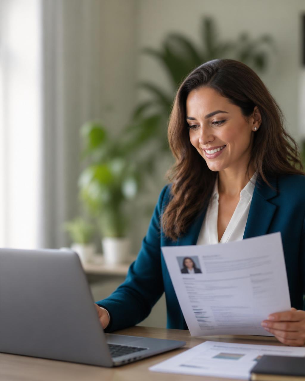 Profissional de RH analisando currículos e dados de candidatos em um notebook